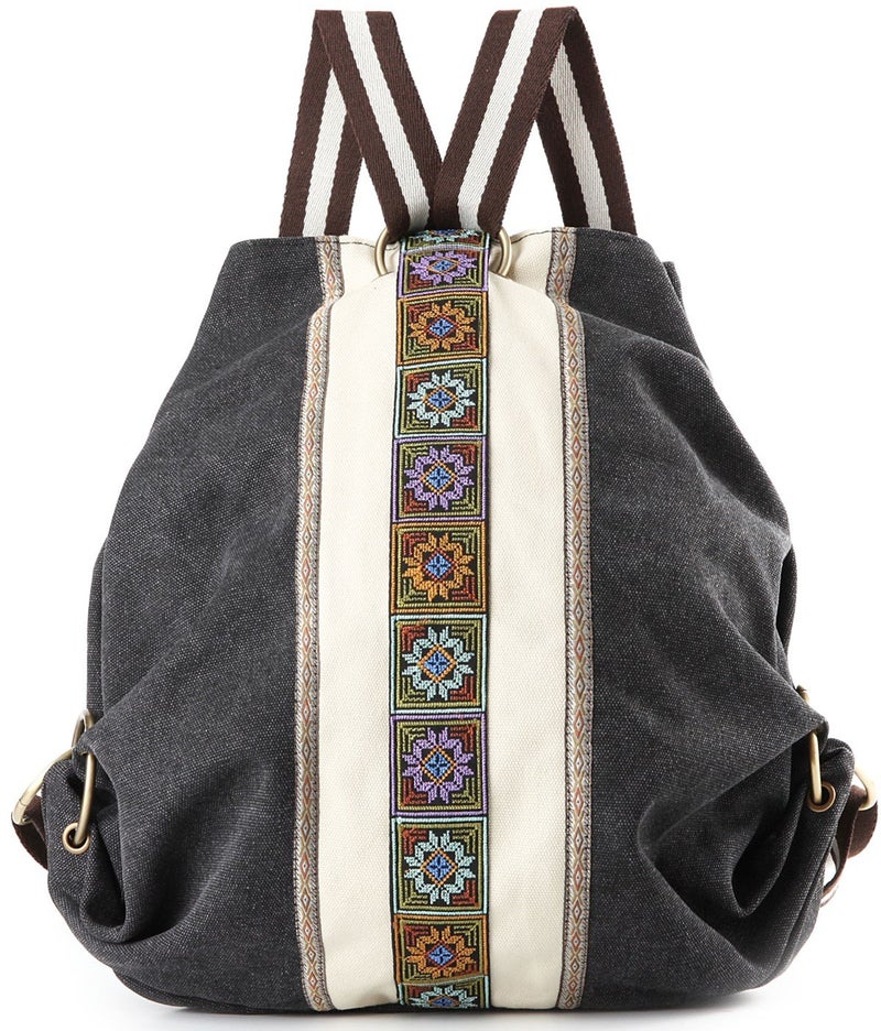 Goodhan WomCanvas Backpack Daypack Casual Shoulder Bag, Vintage Heavy-duty Anti-theft Travel Backpack(Grey Black) - Image 1